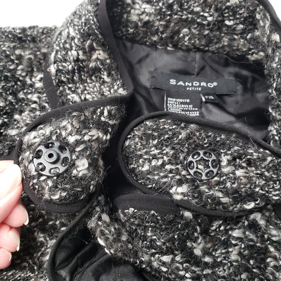 Sandro Sportswear Tweed Belted Boucle Jacket Womens XL Petite Black White Blazer - Picture 11 of 16
